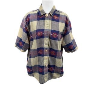 Vtg Angelique Western Hidden Button Up Short Sleeve Plaid Shirt Sz M Metallic